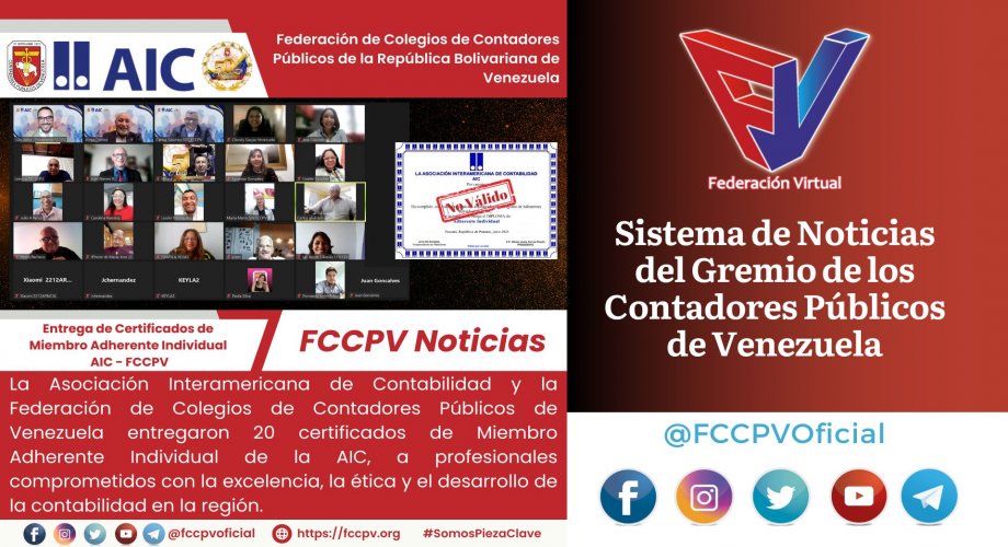 Certificación de Miembro Adherente Individual otorgada por la Asociación Interamericana de Contabilidad y la Federación de Colegios de Contadores Públicos de Venezuela.